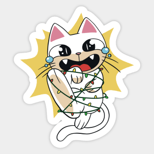 Funny Cartoon Cat Caught in Christmas Lights Sticker